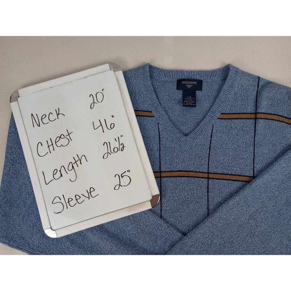 Dockers Men's L V-Neck Blue Long Sleeve Acrylic Golf Preppy Business Sweater